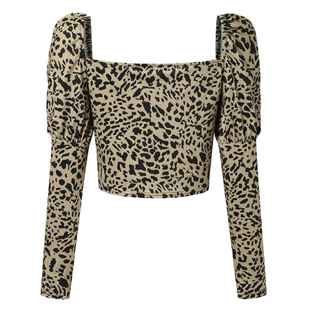 Woman square collar Crop T-shirt Leopard Printed Puff Sleeve Crop T-shirt 3Color